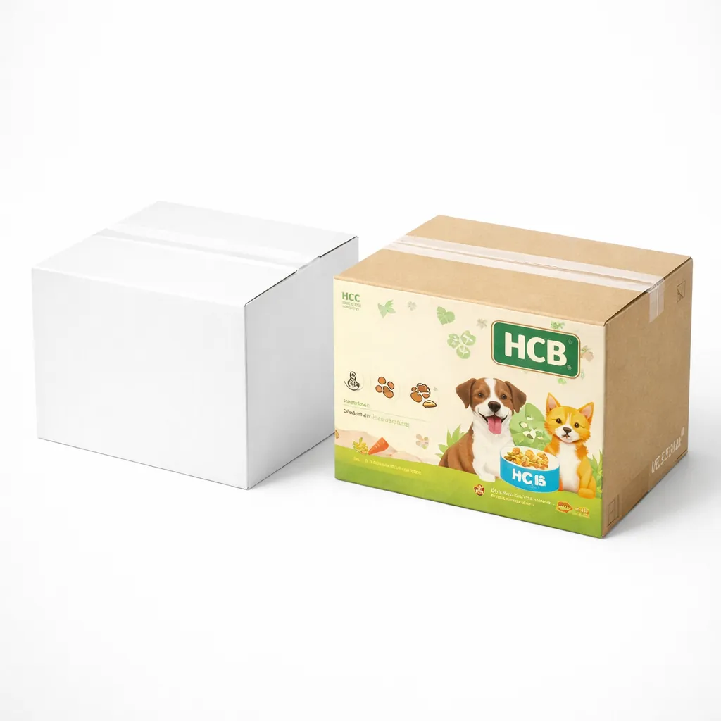 Two square shipping cartons, one plain white and one printed with a sitting dog and HCB branding. class=